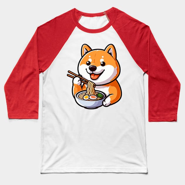 Shiba Inu Loves Ramen Baseball T-Shirt by Plushism